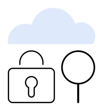 Kilitli ve büyüteçli bulut simgesi veri güvenliğini, şifrelemeyi ve erişim kontrolünü temsil ediyor. Siber güvenlik, teknoloji, dijital güvenlik, veri depolama, gizlilik, bilişim çözümleri için ideal basit