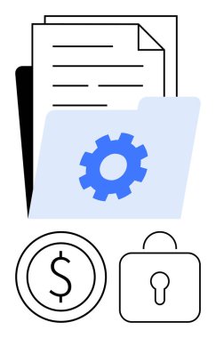 Vites simgesi, belge, dolar işareti olan klasör ve ulaşım bilgi yönetimi, finansal planlama ve güvenlik kilitleri. Takım çalışması, veri, işleme, finans koruma organizasyonu dairesi için ideal