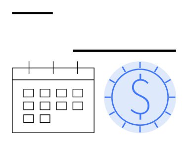 Bir doların yanındaki takvimde bütçe, zaman yönetimi ve ödeme tarihleri vurgulanıyor. Finans, tasarruf, planlama, planlama, iş stratejisi verimliliği ve son teslim tarihleri için ideal. Düz