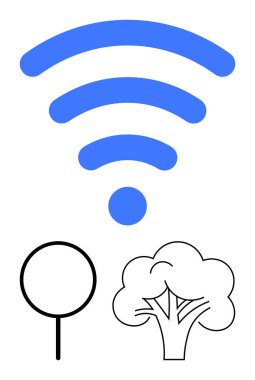 Mavi kablosuz sinyal simgesi dairesel çalı ve ağaç sanatı üzerinde yayılıyor. Eko-teknoloji, sürdürülebilirlik, yenilik, bağlantı, iletişim, ağlar, çevre