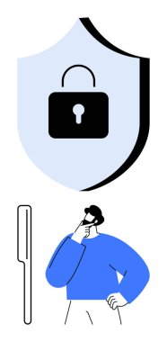 Güvenlik ve veri korumasını temsil eden kilit sembollü kalkan, aşağıda düşünen kişi. Siber güvenlik, çevrimiçi güvenlik, koruma, mahremiyet, problem çözme, teknoloji farkındalığı, düz basit