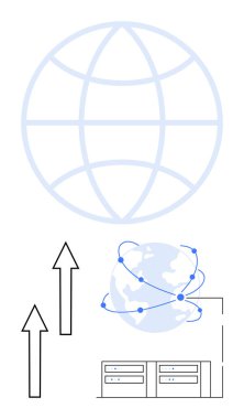 Veri aktarım yolları olan dünya, büyümeyi gösteren oklar, bağlı sunucular. Bulut hesaplama, ağ oluşturma, internet, küresel iletişim, büyüme, teknoloji düz metafor için idealdir