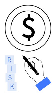 Yığınla RISK bloğunun yanında el ele tutuşma kalemi ve dolgun dolar sembolü. Finans, karar verme, yatırım stratejisi, risk yönetimi, iş büyümesi, analiz, soyut düz metafor için ideal