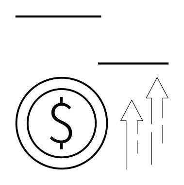 Çemberin içinde dolar işareti ve yukarı doğru üç ok mali ilerlemeyi gösteriyor. Ekonomik kalkınma, piyasa eğilimleri, büyüme, tasarruf, kâr, yatırım ve zenginlik için ideal. Düz basit