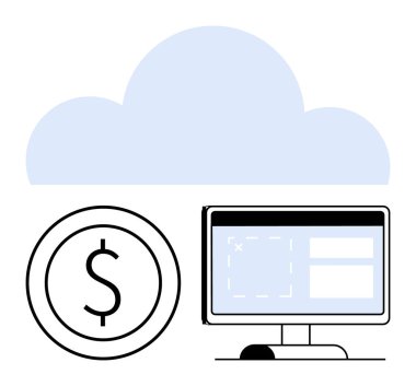 Yukarıdaki bulut ekranı ve dolar simgesi bulut depolama, çevrimiçi muhasebe, uzak çalışma alanı, fintech fırsatları ve finansal veri yönetimini sembolize eder. İş, finans ve teknoloji için ideal