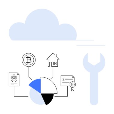 Kripto para birimine, eve, finansal sertifikalara ve belgelere bağlı veri tablosu olan bir bulut. Bulut hesaplama, varlık yönetimi, blok zinciri, gayrimenkul, finansal dijital araçlar için ideal