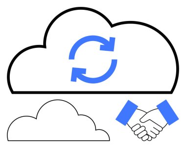İki ana hatlı bulut, birinde mavi oklar var, veri senkronizasyonunu sembolize ediyor, el sıkışmanın yanında. Teknoloji, takım çalışması, veri paylaşımı, yenilik, bulut hesaplama, ortaklık ağı için ideal