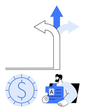 Kavisli okun üç mavi yola ayrılması, saatin içinde dolar işareti, elinde belge tutan kişi. Karar, finans, strateji, planlama, kariyer büyüme fırsatı için idealdir. Düz basit metafor