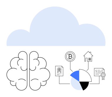 Turta grafiğinin üstündeki bulutlara ve kripto para, gayrimenkul ve sözleşmeler gibi simgelere bağlı beyin. Yapay zeka, bulut depolama, finans, analitik teknoloji yenilik stratejisi için idealdir. Düz