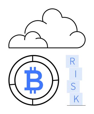 Bitcoin simgesi bir cankurtaran şamandırası içinde, yukarıdaki bulutlar ve RISK öbekleri şifreli para uçuculuğunu simgeler. Mali risk, yatırım stratejileri, engelleme teknolojisi, dijital finans, veri