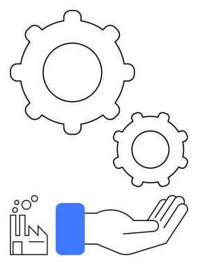 Bir fabrikanın üstünde iki vites, takım çalışması, endüstriyel süreç, yenilik ve verimliliği resmediyor. İş, endüstri, mühendislik, sürdürülebilirlik destek ekip çalışması için ideal