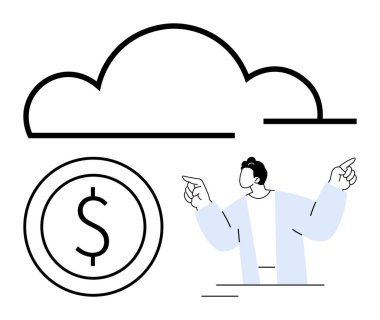 Bulut ve dolar işaretini işaret eden adam bulut hesaplama, finans ve teknoloji kavramlarını temsil ediyor. Dijital ekonomi, iş stratejisi, fintech, bulut hizmetleri, yatırım yeniliği için ideal