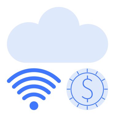Mavi bulut, kablosuz sinyal sembolü ve dolar işaretli para çemberi dijital yenilik, online ekonomi ve bulut tabanlı finansal bağlantı. Teknoloji, finans ve internet için ideal