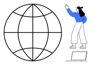 Küreye doğru hareket eden bir kadın, teknolojiyi sembolize eden bir dizüstü bilgisayarla küresel ulaşımı ve bağlantıyı vurguluyor. Eğitim, iletişim, iş, yenilik, küresel erişim, takım çalışması için ideal