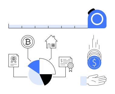 Ölçüm bandı, pasta grafiği, kripto para, ev, sözleşmeler, maddi planlama, yatırım zenginliği dağılımı veya bütçe çizimi. Ekonomi stratejisi tasarrufu için ideal