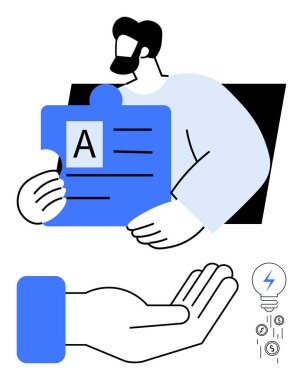 Üzerinde metin sembolü olan mavi yapboz parçası tutan kişi, destek olarak elini aç, ampul yayan para. Takım çalışması, problem çözme, yenilik, destek, eğitim sektörü işbirliği için ideal. Düz