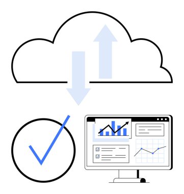 Okları yükleyip indiren bir bulut, kontrol işareti ve analitik ve grafikleri gösteren bir monitör. Bulut hesaplama, veri, analitik, iş verimliliği, takım çalışması ve ilerleme için ideal