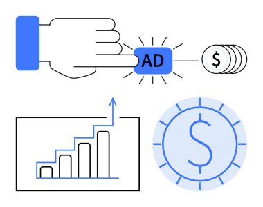El tıklama düğmesi, büyümeyi, bozuk para yığınını ve dolar bozukluğunu gösteren çubuk grafik. Pazarlama, PPC stratejisi, çevrimiçi büyüme, dijital ekonomi, iş başarısı reklam geliri için ideal