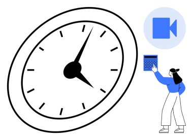 Cesur elli bir saat, hesap makinesi tutan bir kadın, video ikonu. Zaman yönetimi, planlama, çevrimiçi toplantılar, verimlilik, son teslim tarihleri dijital araçlar için idealdir. Düz basit metafor