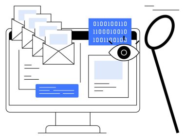 Dijital e-postalar, ikili kodlar, büyüteç ve göz kontrolü ve izleme. Siber güvenlik, veri koruması, çevrimiçi mahremiyet, e-posta güvenliği ve dijital gözetim için ideal