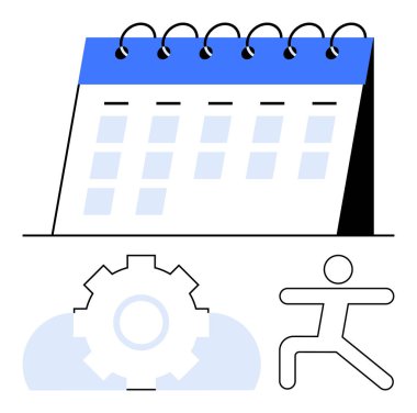 Sarmal, süreç veya otomasyon için ekipman ve aktivite veya organizasyonu sembolize eden kişi takvimi. Program için ideal, takım çalışması, iş akışı, strateji, fitness, yaşam dengesi düz metafor