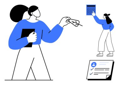 Pano ve gözlük tutan bir kadın, hesap makinesini işaret eden başka bir kadın, aşağıdaki görev listesi. Takım çalışması, proje planlaması, üretkenlik, görev yönetimi, stratejik analiz, işbirliği için ideal