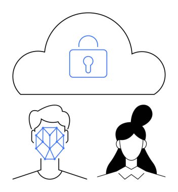 Kilitli bulut güvenli veri depolamayı gösteriyor. Yüz tanıma sistemi olan erkek ve kadın. Teknoloji, güvenlik, gizlilik, biyometrik, bulut servisi, kimlik doğrulama verileri için ideal