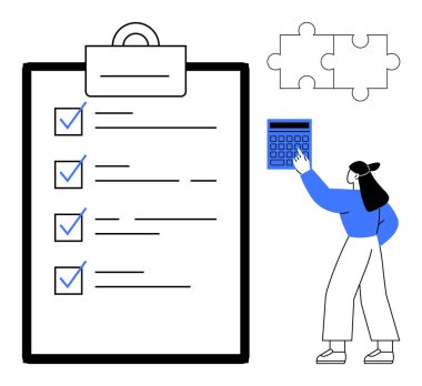 Kontrol listesi ve yapboz parçalarının yanında hesap makinesi kullanan kadın, görev yönetimi, organizasyon ve problem çözmeyi temsil ediyor. Üretkenlik, takım çalışması, analitik, strateji ve planlama için ideal