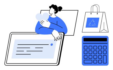Büyük bir tabletin yanında kalp tutan bir kadın, geri dönüşüm temalı bir alışveriş çantası ve mavi bir hesap makinesi. Çevrimiçi alışveriş, sürdürülebilirlik, bütçe, çevre dostu yaşam tarzı, teknoloji, e-ticaret için ideal