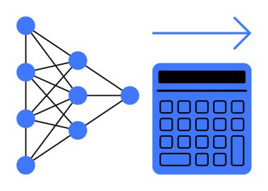 Okla hesap makinesine bağlı sinirsel ağ düğümleri veri akışını ve hesaplamasını gösterir. Teknoloji, yapay zeka, veri işleme, makine öğrenme, algoritmalar, otomasyon, düz basit metafor için ideal