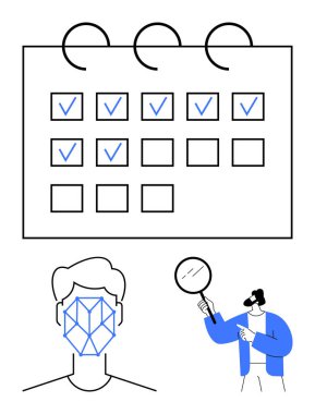 Vurgulanmış görevler, geometrik yüz tanıma diyagramı ve büyüteçle analiz edilen karakter takvimi. Zamanlama için ideal, yüz veri çalışması, görev yönetimi, yapay zeka araştırması, takım