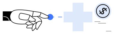 Robotik eller tıbbi haç ve dolar işaretinin yanındaki dijital elemente uzanıyor. Sağlık, fintech, yapay zeka, otomasyon, yenilik, teknoloji ve gelecek kavramları için idealdir. Düz basit metafor