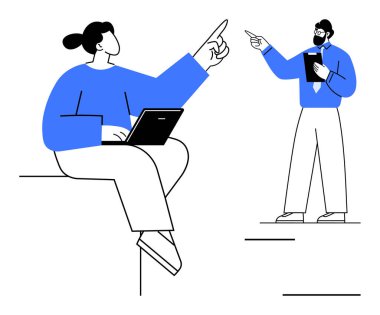 Dizüstü bilgisayarı yukarıya bakan, elinde tabletle ayakta duran bir meslektaşla karşılaşan kişi. Takım çalışması, iletişim, teknoloji, eğitim, beyin fırtınası, liderlik ve takım çalışması için ideal