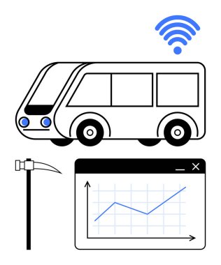 Kablosuz sinyali olan gelecekçi otonom otobüs, yükselen eğilimi gösteren veri tabanı, kazma. Akıllı teknoloji, ulaşım, bağlantı, IOT, sürdürülebilirlik, veri analizi için ideal
