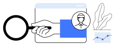 Web sayfası üzerindeki büyüteç, yanında grafik ve bitki olan profil resmi ve istatistikleri vurgular. Analiz, adam toplama, araştırma, kimlik tespiti, veri optimizasyonu, odaklanma, düz basit