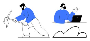 Bir dizüstü bilgisayar ve bulut ikonu kullanan bir profesyonelin yanındaki kazmayla işçi madenciliği. Manuel iş gücü, teknoloji evrimi, bulut hesaplaması, iş dönüşümü konuları için idealdir.