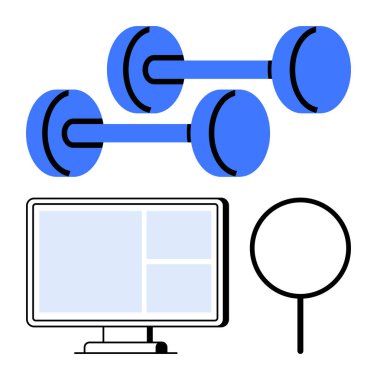 Mavi dambıllar, ızgara ekranlı bilgisayar ekranı ve büyüteç renklendirme monitörü. Fitness, teknoloji, dijital eğitim, analiz, spor salonu sağlık takibi için ideal. Düz
