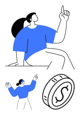 Eller havada el kol hareketi yapan bireyler, dolar işareti olan büyük paralar. İş, finans, eğitim, yenilik, takım çalışması, karar verme motivasyonu için idealdir. Soyut çizgi düz metafor