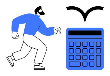 Hareket halindeki adam, büyük ölçekli hesap makinesi ve kuş simgesini temsil ediyor. Finans, muhasebe, bütçe, planlama, üretkenlik, hedef belirleme, kariyer büyümesi için ideal, düz basit metafor