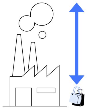 Fabrika duman yayıyor ve mavi dikey ok birden fazla alışveriş torbasını işaret ediyor. Endüstriyel üretim, tüketim, çevresel etki, perakende sanayi, tedarik zinciri, sürdürülebilirlik için ideal