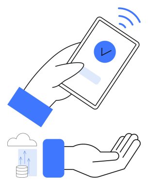 Onaylama işareti ve sinyal hattı olan, bulut depolama ve veri yükleme grafikleriyle eşleştirilmiş akıllı telefon. Teknoloji, güvenlik, iletişim, bulut hesaplama ve veri temaları için ideal