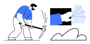 Kazma kullanan madenci, para ile birlikte yere çarpıyor, sıkı çalışma ve maddi kazanç sağlıyor. Çalışma, kazanç, madencilik, ekonomi, başarı ve finans için idealdir. Düz basit metafor