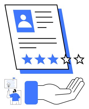 Açık el hareketinin üzerinde fotoğraf, metin detayları ve yıldız reytingleri olan aday profil belgesi. Fikirleri sunan küçük bir figür. İşe alım, insan kaynakları, kariyer, fırsat, analiz değerlendirmesi için ideal
