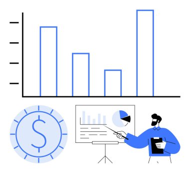 Bar çizelgesi analizi, tahtada mali verileri sunan adam, bozuk para sembolü. Finans, iş stratejisi, veri analizi, pazarlama, ekonomik büyüme, planlama eğitimi için ideal basit bir metafor