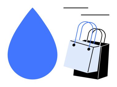 İki alışveriş çantasına bitişik mavi su damlası, biri beyaz ve biri siyah, soyut hareket çizgileri var. Çevre bilinci, çevre dostu uygulamalar, perakende sürdürülebilirlik ve su için ideal
