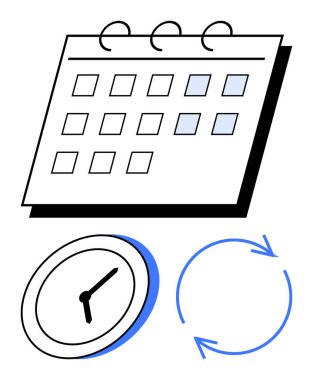 Vurgulanmış olaylar takvimi, zamanı gösteren bir saat ve döngüsel bir süreci işaret eden oklar. Planlama, planlama, organizasyon, iş akışı, son teslim tarihleri zaman yönetimi için ideal. Düz