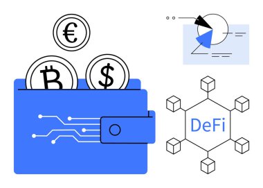 Bitcoin, Euro ve Dolar bozuklukları içeren dijital cüzdan, merkezi olmayan bir finans diyagramı ve veri analizi bilgileriyle. Engelleme zinciri, kripto, finans, dijital bankacılık, pazar eğilimi için ideal
