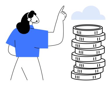 Kadın, bir yığın madeni paranın üzerindeki buluta doğru hareket ediyor. Çevrimiçi tasarruf, yatırım ve ekonomik istikrar öneriyor. Finans, bankacılık, teknoloji, bulut depolama, büyüme planlaması için ideal