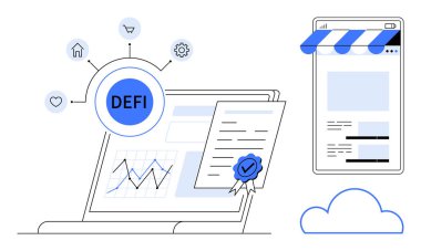 Dizüstü bilgisayar grafikleri, finans elemanları, dijital sertifika ve bulut bağlantılı mobil arayüzlü DEFI merkezi gösteriyor. Finansal teknoloji, yatırım, engelleme zinciri, iş, yenilik için ideal