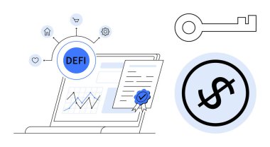 Bilgisayarda akıllı sözleşme, analitik, bağlı ikonlar, anahtar ve dolar işareti gibi DeFi unsurları var. Finans, engelleme zinciri, kripto güvenlik yatırım teknolojisi yeniliği için ideal. Düz